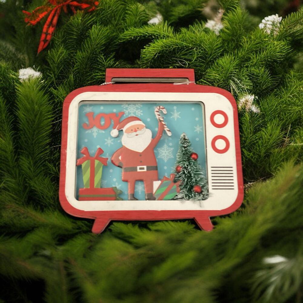 Nostalgic Wood 3D Christmas Tree "Santa Claus in TV” Ornament, Retro Commercial